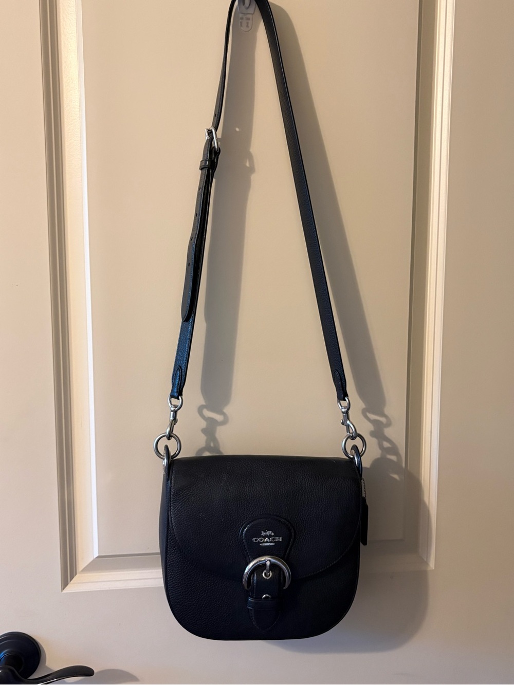 Coach Black Pebbled Leather Crossbody Saddle Bag with Silver Hardware
